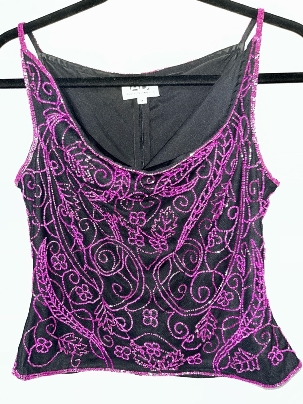 AD Beaded Black Camisole with Purple Embroidery Lined Full Zip in Back
